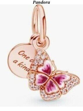 Pink Butterfly & Quote Double Dangle Charm ,Charms fit Pandora Bracelet